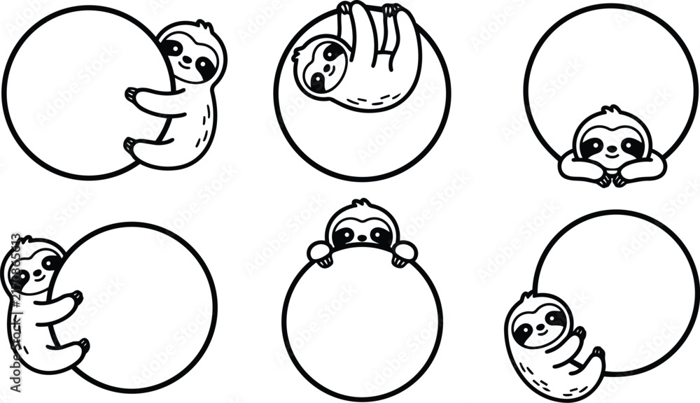 Obraz premium Playful sloths holding circular frames in black and white line art collection