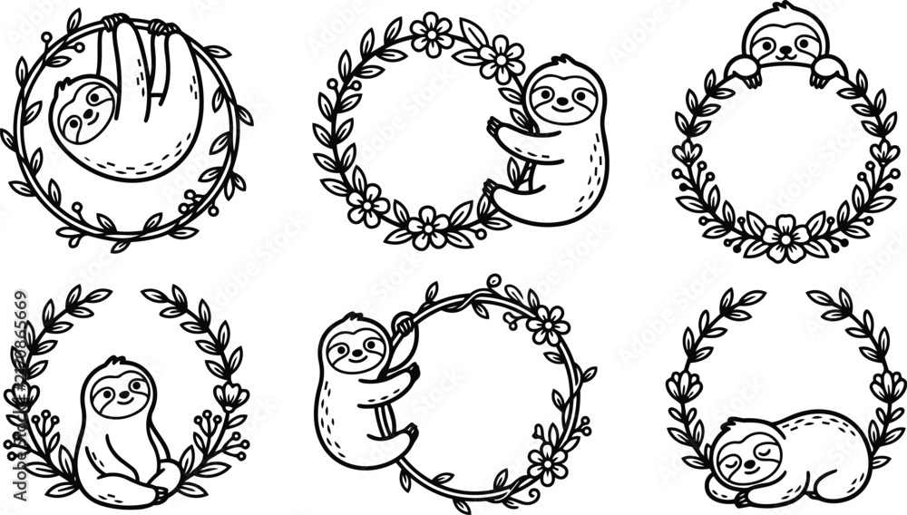 Obraz premium Cute sloth wreath collection in black and white botanical line art illustrations
