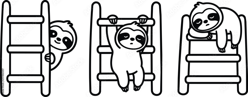 Obraz premium Black and white sloths climbing and resting on playground ladders in playful line art