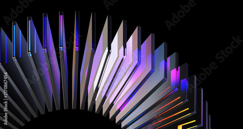 Cuadro en lienzo Curved Neon Glass Fan 3D Render, Glowing Blue Purple Orange Fins, Abstract Techn