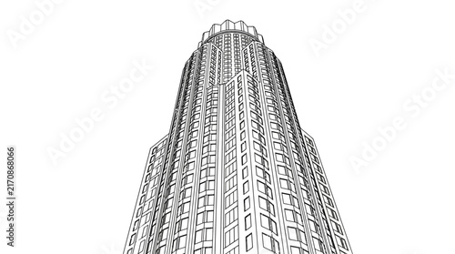 Architectural sketch of a modern skyscraper building isolated on white background.