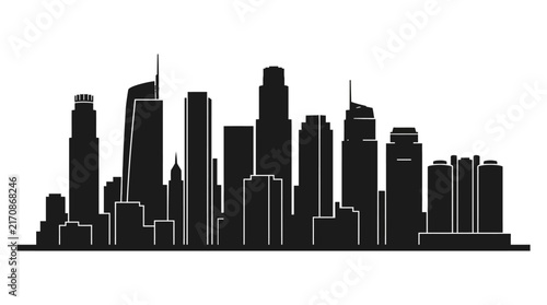 Black silhouette of the Los Angeles city skyline isolated on a white background.