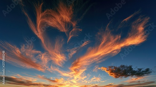 Fiery cirrus clouds streak across a deep blue sky at sunset