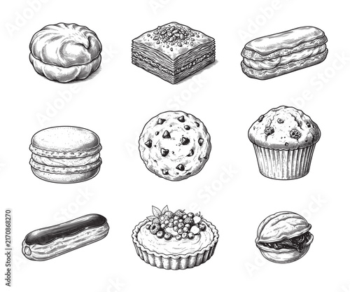 Vintage engraved set of various sweets, desserts, pastries, cookies and cakes vector illustration