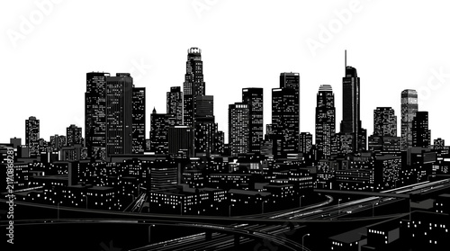 Black and white silhouette of a modern city skyline with skyscrapers and highway.