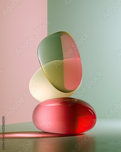 Smooth, translucent, stacked objects with pastel background and soft light