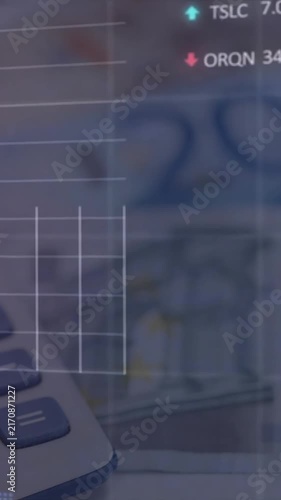 Animation of financial data processing over money and calculator