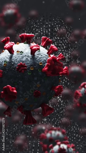 Animation of covid 19 cells falling over dark background