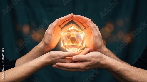 Multiple hands holding and protecting a glowing magical crystal gemstone, symbolizing teamwork unity and shared value, precious diamond shape illuminated from within