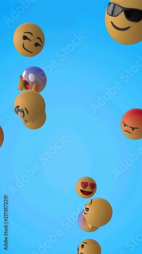 Digital animation of multiple face emojis floating against textured blue background