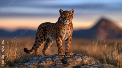 Fototapeta Majestic Leopard Standing on Rock in Wilderness