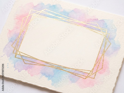 Elegant cream paper card template with layered geometric gold frames and pastel pink and blue watercolor background