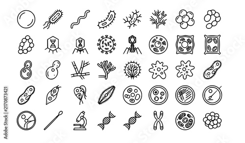 Microbiology and Science Icon Set with Bacteria Viruses Cells DNA Strands and Microscope Symbols for Medical Research Education and Laboratory Vector Designs