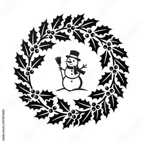 Foto Circular holly and berry wreath silhouette icon, bold black stencil design with a Classic snowman silhouette