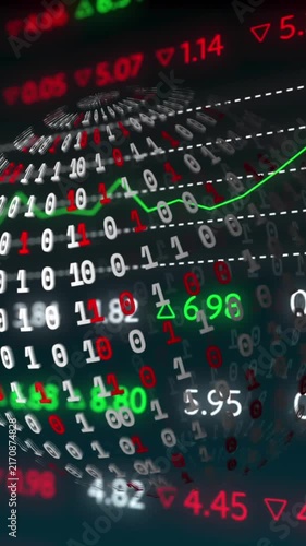 Animation of stock market data processing over globe of binary coding spinning on black background