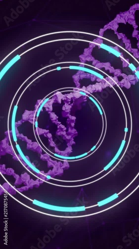 DNA strands and circular digital interface, scientific data processing animation