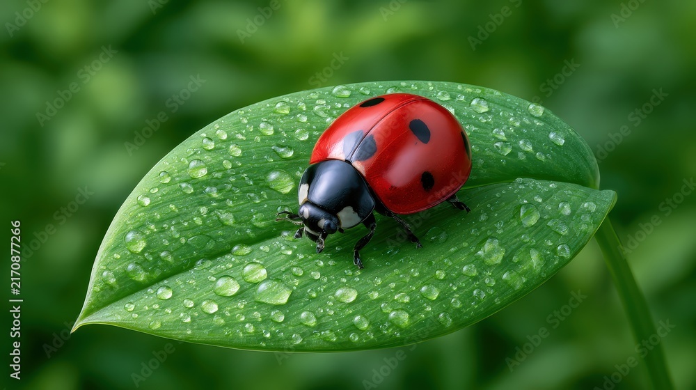 Fototapeta premium Vivid Red Ladybug on Leaf with Drops of Water