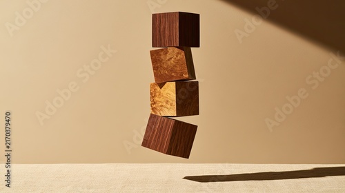 Stacked wooden blocks suspended against a warm, subtly lit backdrop
