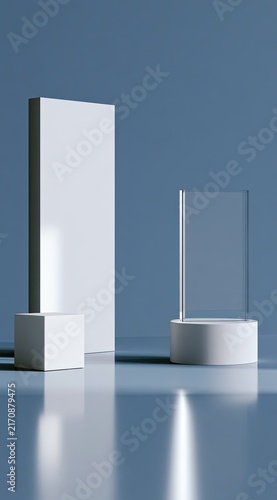 Minimalist display of white geometric forms against a soft blue background