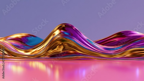 Iridescent metallic waves shimmer with vibrant colors against a soft background