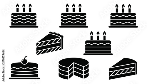 Birthday Cake & Cake Slice Icon Set – Black Silhouette Vector Dessert Icons