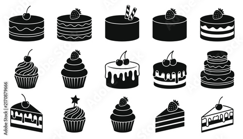 Cake & Cupcake Icon Set – Fruit Topped Bakery Dessert Vector Collection