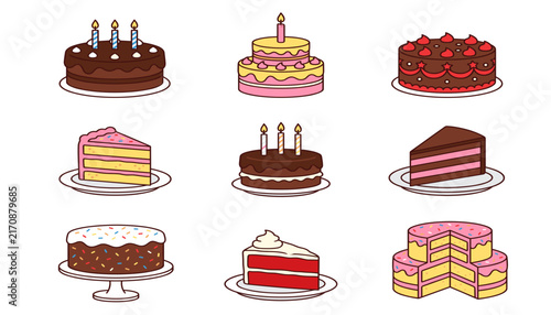 Colorful Birthday Cake & Cake Slice Icon Set – Cartoon Dessert Vector Collection