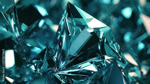 Close-up of a large, multifaceted, shimmering turquoise gemstone with sharp facets