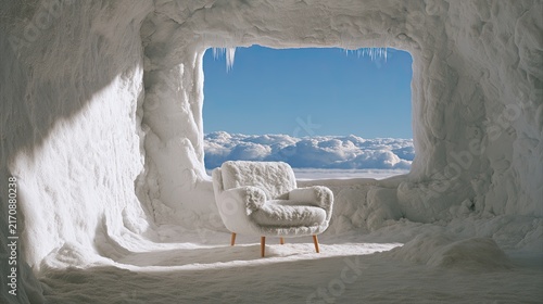 Cozy armchair sits in icy cave with clouds and blue sky beyond
