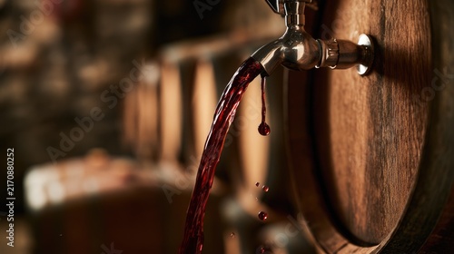 Red liquid flowing from a spigot on a wooden barrel in a cellar