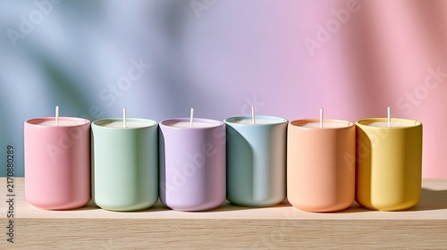 Six pastel candles in ceramic holders lined up on a shelf with soft light