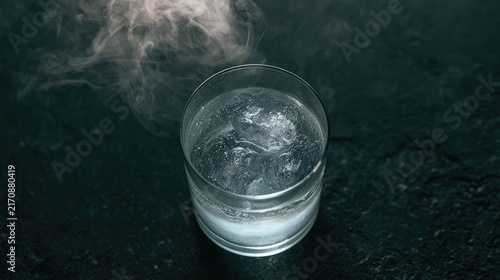 Cold beverage with ice and wisps of steam rising