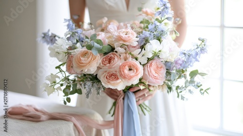 Delicate pastel wedding bouquet with cascading ribbons held by a person