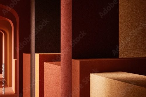 Abstract architectural forms with warm, muted color palette and soft light