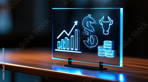 Holographic display shows financial growth charts, currency symbols, and stock market icons