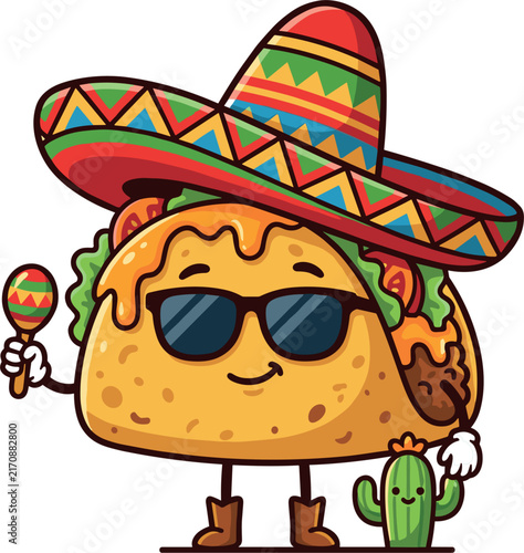 Cool Taco Character Vector Illustration Wearing Sombrero Hat, Sunglasses, and Holding Maraca