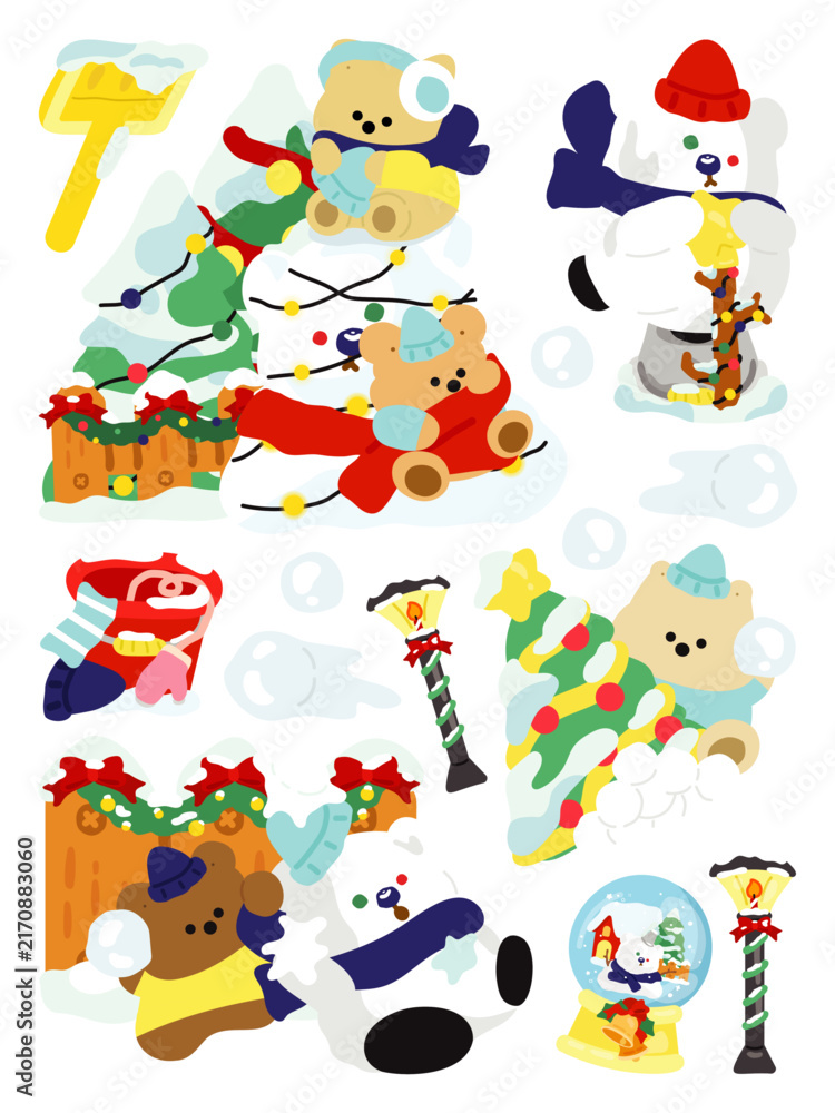 Naklejka premium Cute Teddy Bears Christmas Snow Day Vector Illustration Set