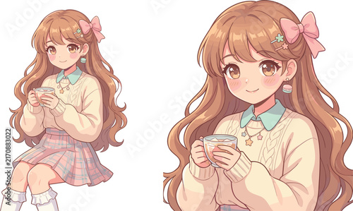 Cute Anime Girl Drinking Tea Vector Illustration Featuring Pastel Sweater, Plaid Skirt, and Macaron Earring