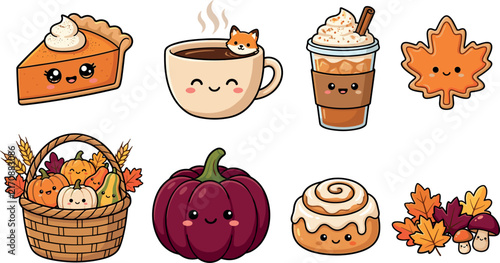 Cute Fall Autumn Vector Collection Featuring Kawaii Pumpkin Pie, Cozy Coffee Mug, Pumpkin Spice Latte, and Harvest Elements