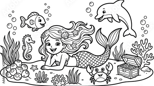 Cute Mermaid Underwater Scene Coloring Page Featuring Dolphin, Crab, Seahorse, Fish, and Treasure Chest