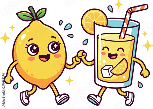 Cute Lemon and Lemonade Glass Characters Fist Bump Vector Illustration
