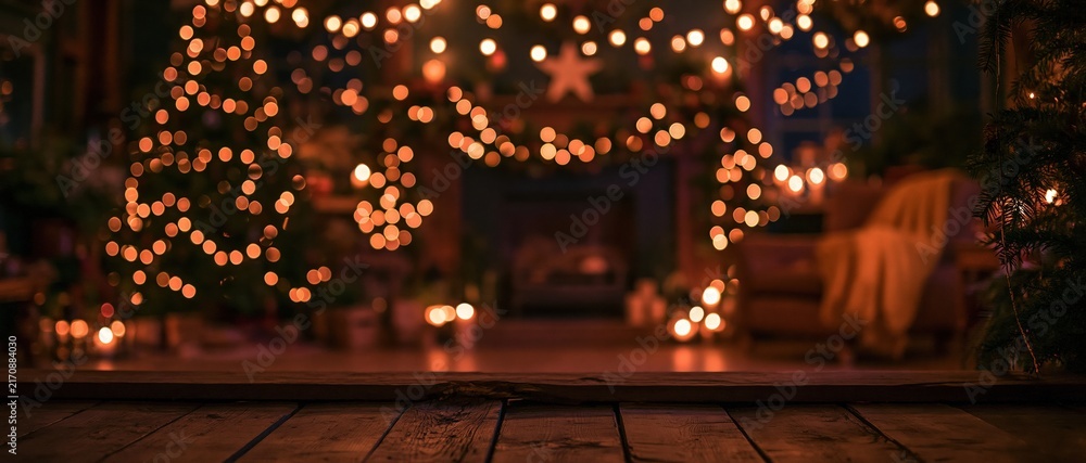 Naklejka premium Empty dark wooden ledge in a cozy festive room with glowing Christmas decorations, providing warm copy space for holiday banners