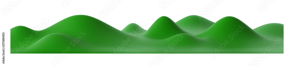 Naklejka premium 3d green grass fields, hills, garden and mountains fantasy game landscape. Outdoor isolated lawn or meadow with layered ground and rolling terrain. Summer spring nature background, countryside scenery