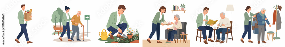 Obraz premium Set of illustrations depicting social workers and volunteers assisting senior citizens with daily activities like gardening, walking, and eating.