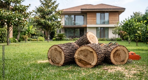Freshly cut tree logs on a suburban lawn after professional tree removal. Residential landscaping, arborist service and property maintenance with copy space.