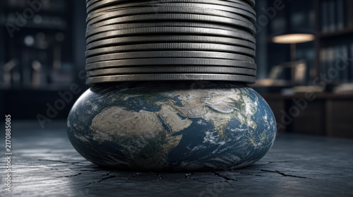 Compressed globe beneath heavy stack of metallic coins, symbolizing financial pressure, economic crisis, global debt, and environmental strain in dark studio setting