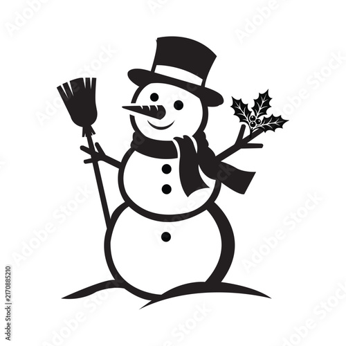 Foto Classic snowman silhouette wearing a top hat, carrot nose, and scarf,  holly leaf cluster with three central berries, solid black vector