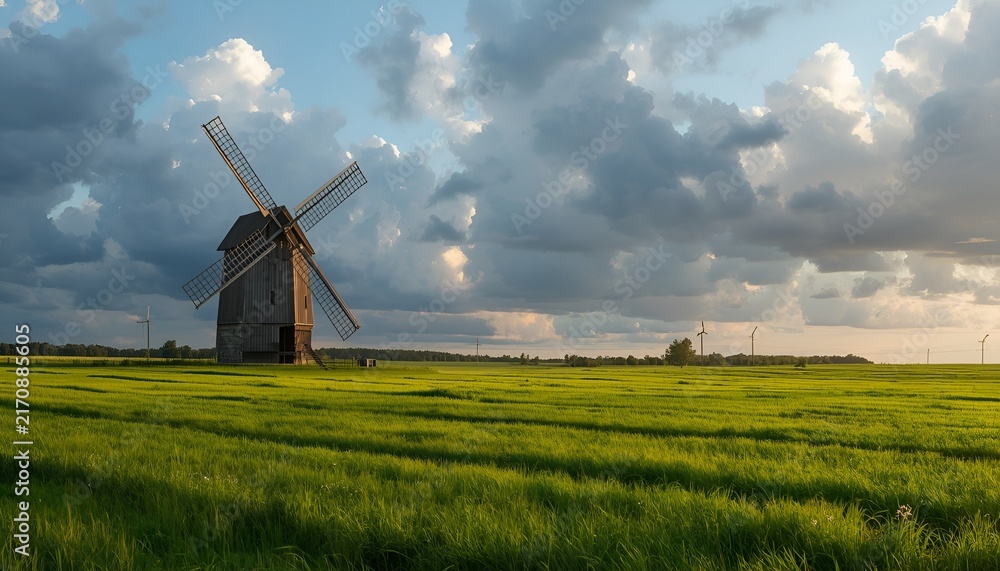 Fototapeta premium Traditional Windmill in a Green Countryside Field Under Dramatic Clouds