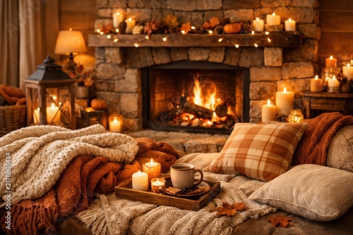 Cozy autumn living room with stone fireplace candles warm blankets and hot drink