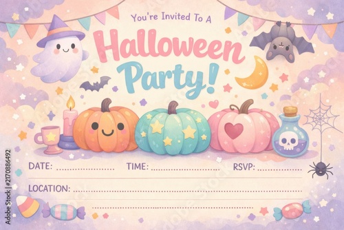 Pastel Halloween party invitation with cute pumpkins ghost bat candy and event details